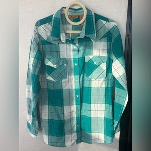 Wrangler Teal, White and Black Checkered Western Shirt Snap Pearlized Buttons